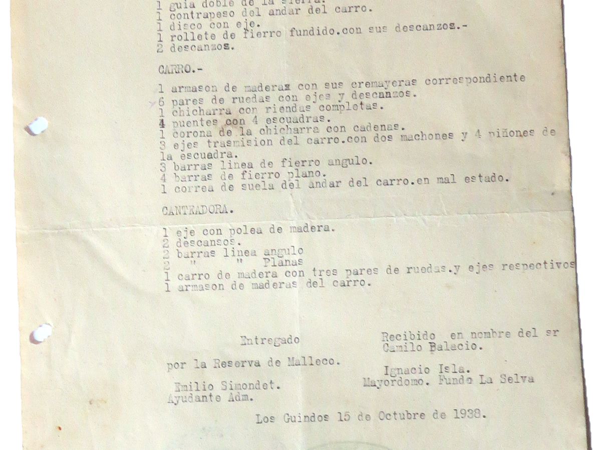 1938, 15 de octubre. Acuse de recibo de banco aserradero de la Reserva Forestal Malleco