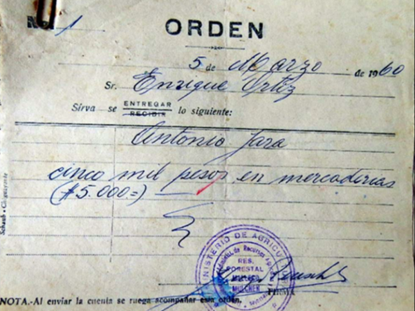 1960. Orden de entrega a Antonio Jara